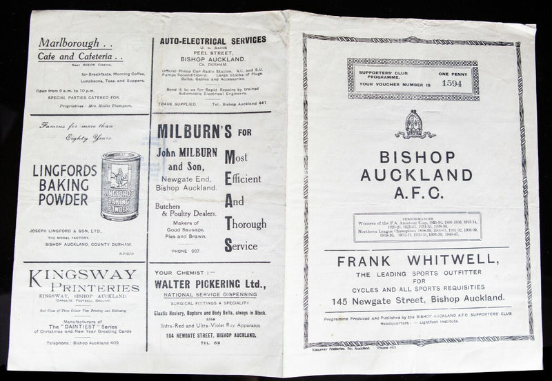 BISHOP AUCKLAND AFC v BILLINGHAM, 25/9/1948 NORTHERN LEAGUE FOOTBALL PROGRAMME