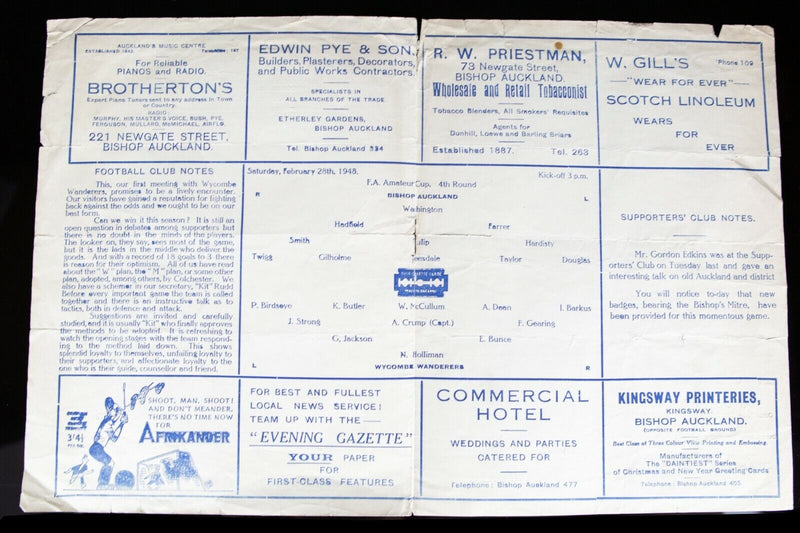 BISHOP AUCKLAND AFC v WYCOMBE WANDERERS 28/2/1948 FA AMATEUR CUP 4th R PROGRAMME