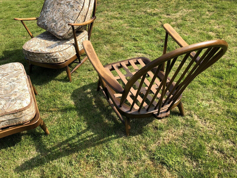 MID-CENTURY RETRO ERCOL WINDSOR No.203 EASY LOUNGE ARM CHAIRS PAIR & FOOTSTOOL