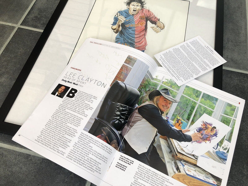 LIONEL MESSI - PAUL TREVILLION ORIGINAL PEN/INK BARCELONA ART & SIGNED CATALOGUE
