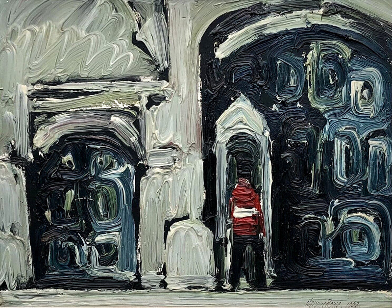 MERVYN ROWE (BRITISH, b.1936) 'SENTRY 1962' BEARSKIN GUARD, OIL ON BOARD, SIGNED