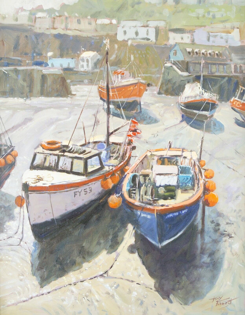 § TONY FORREST 'LOW TIDE' MEVAGISSEY CORNWALL COASTAL HARBOUR BOATS, OIL ON CANVAS, SIGNED