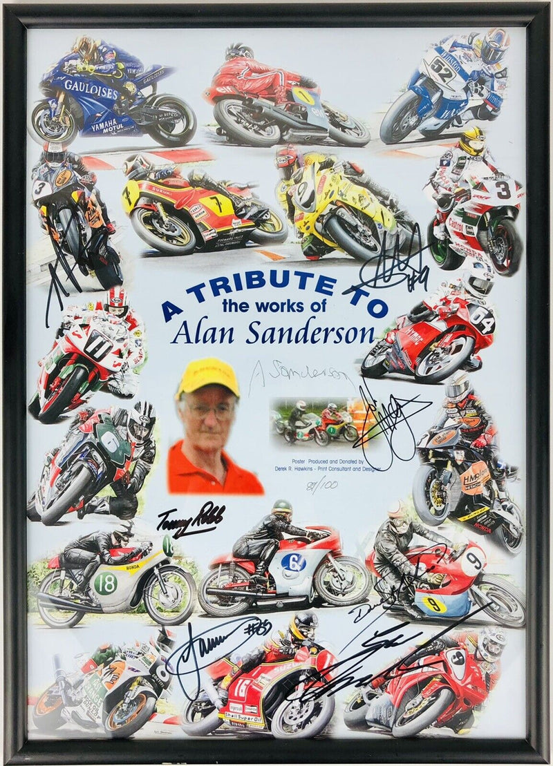 ALAN SANDERSON TRIBUTE - MOTOR BIKE TT POSTER, GUY MARTIN & McGUINESS SIGNED