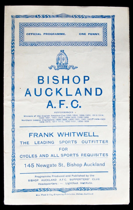 SHILDON v WEST AUCKLAND 9/6/1947 BISHOP AUCKLAND AFC MATCHDAY FOOTBALL PROGRAMME