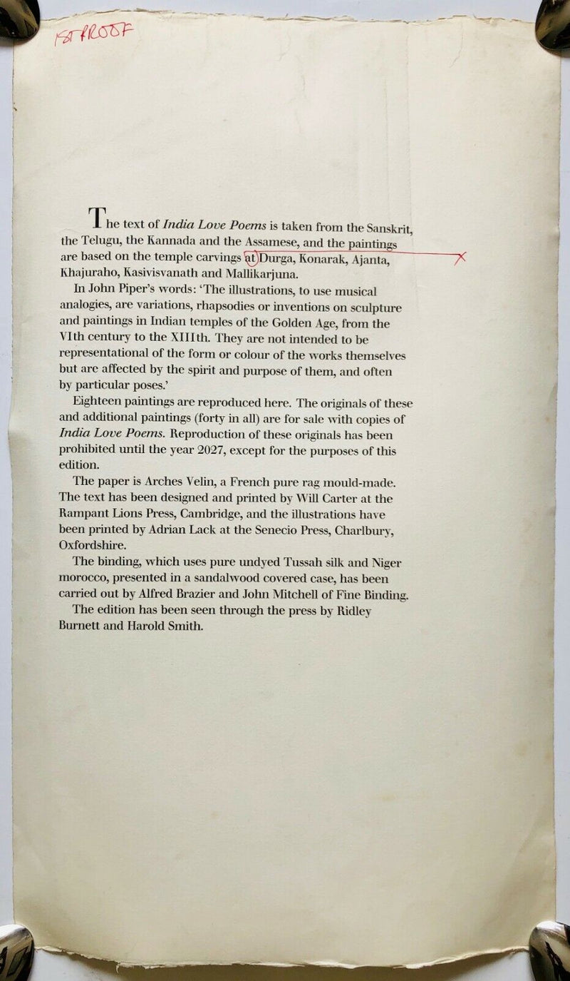 JOHN PIPER, NDIA LOVE POEMS by TRAMBIMUTTU, SAMPLE FOR PROOF SIGNED