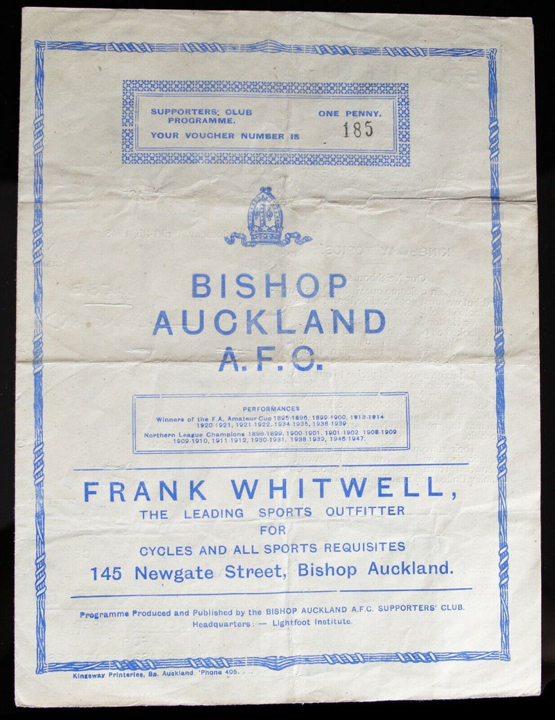BISHOP AUCKLAND AFC v WEST AUCKLAND TOWN, 14/4/1948 NORTHERN LEAGUE PROGRAMME