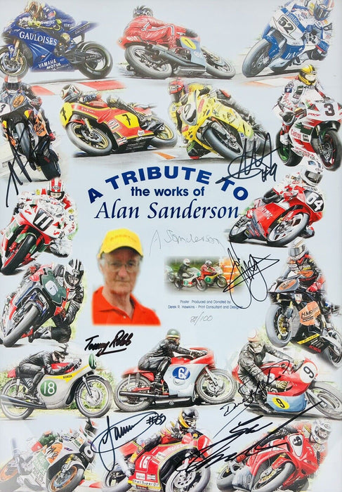 ALAN SANDERSON TRIBUTE - MOTOR BIKE TT POSTER, GUY MARTIN & McGUINESS SIGNED