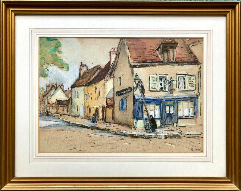 GERTRUDE KEELING, LAMP LIGHTER TOWN STREET SCENE STUDY, GOUACHE, SIGNED