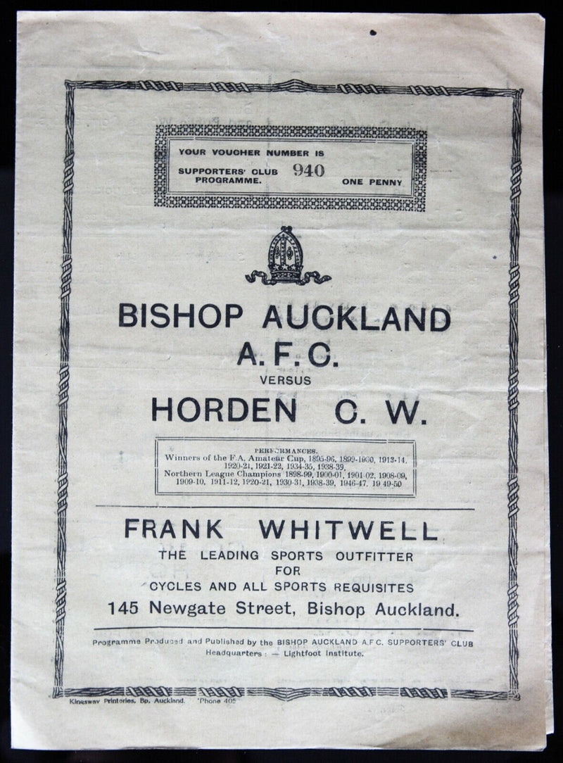 BISHOP AUCKLAND AFC v HORDEN CW, 11/11/1950 FA CHALLENGE CUP 4th QR PROGRAMME