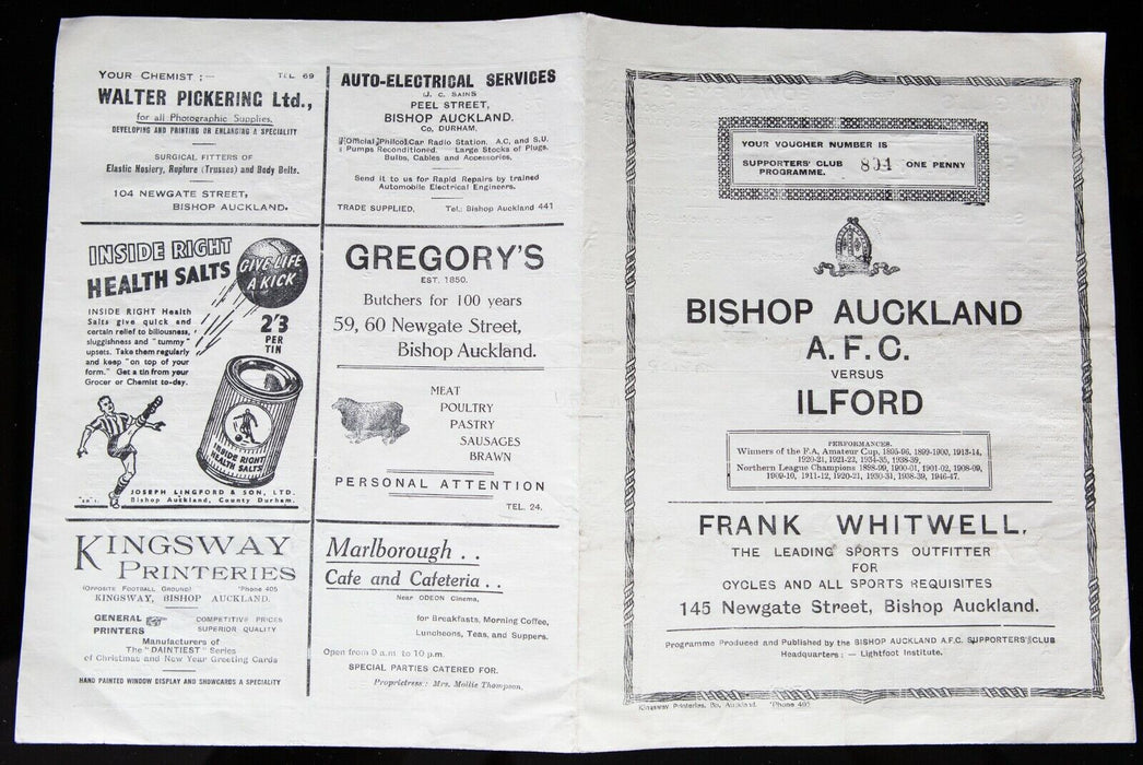 BISHOP AUCKLAND AFC v ILFORD, 28/1/1950 FA AMATEUR CUP 2nd ROUND PROGRAMME