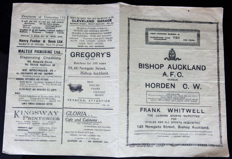 BISHOP AUCKLAND AFC v HORDEN CW, 11/11/1950 FA CHALLENGE CUP 4th QR PROGRAMME