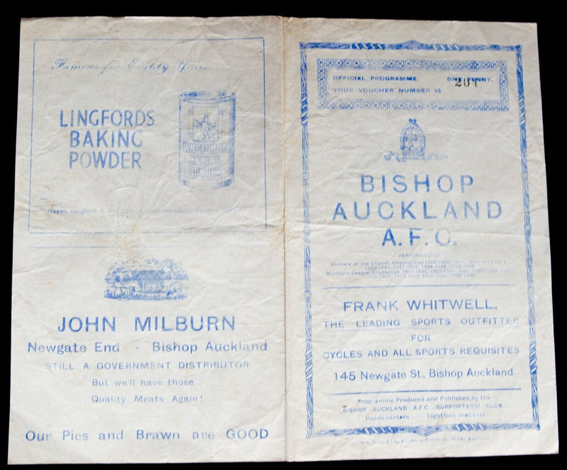 BISHOP AUCKLAND AFC v HARTLEPOOL RESERVES 21/12/1946 DURHAM SENIOR CUP PROGRAMME