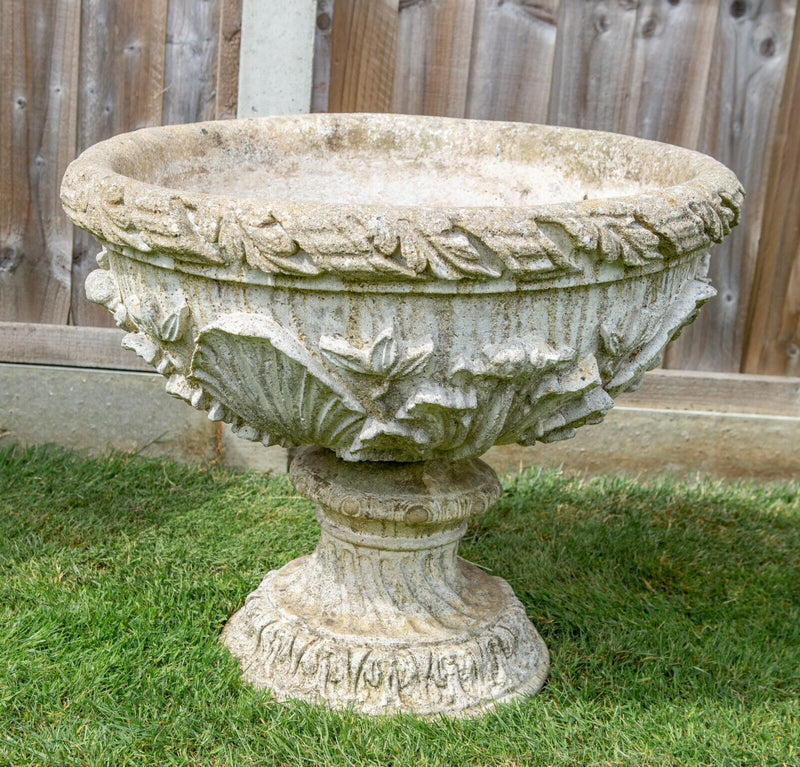 RECONSTITUTED STONE ROUND SHALLOW URN PLANTER ROUND PLINTH BASE GARDEN ORNAMENT