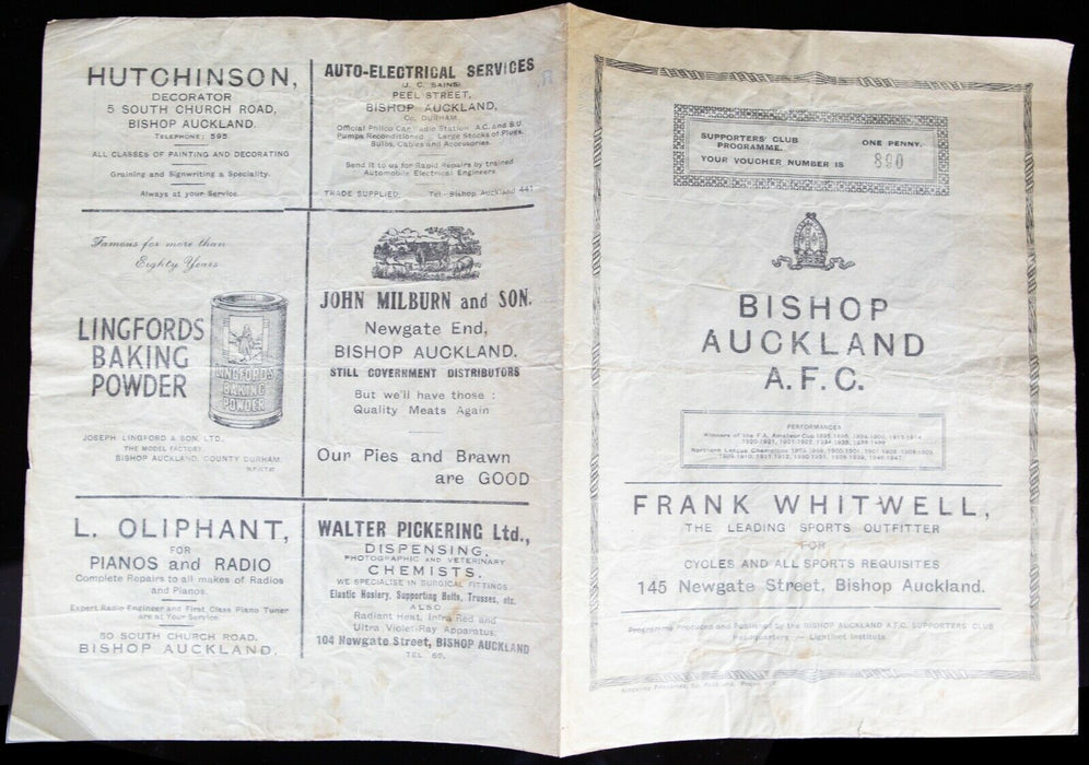 BISHOP AUCKLAND AFC v EAST TANFIELD 13/12/1947 NORTHERN LEAGUE FIXTURE PROGRAMME