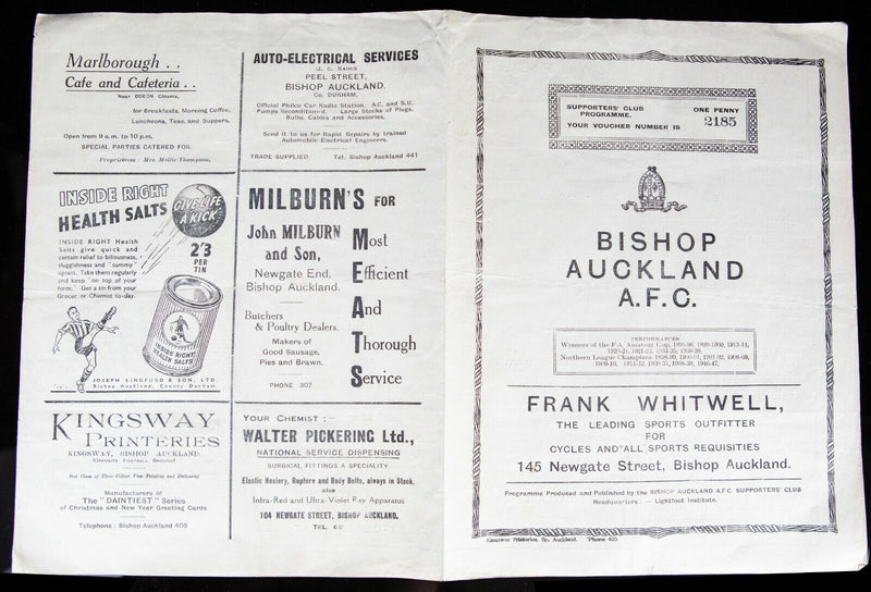 BISHOP AUCKLAND AFC v CROOK, 16/10/1948 NORTHERN LEAGUE FOOTBALL PROGRAMME