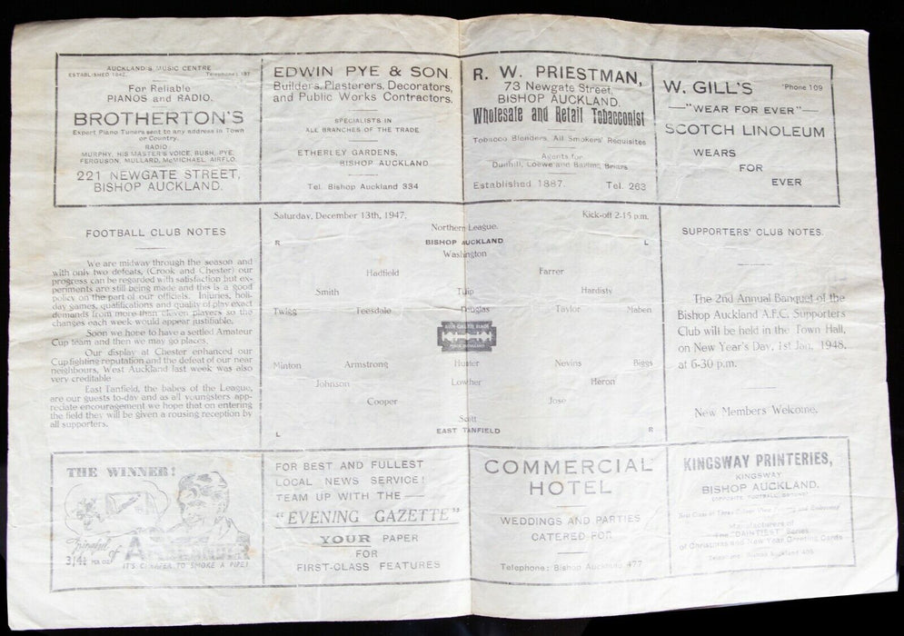 BISHOP AUCKLAND AFC v EAST TANFIELD 13/12/1947 NORTHERN LEAGUE FIXTURE PROGRAMME