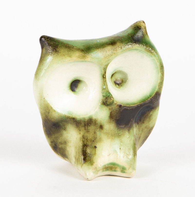 CARN, SEATED OWL, STUDIO ART POTTERY GREEN/BROWN GLAZED BIRD FIGURE MODEL