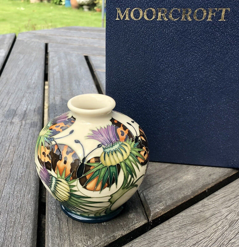 MOORCROFT 'NORTHUMBERLAND' 2008 EMMA BOSSONS BUTTERFLIES THISTLES VASE, BOXED