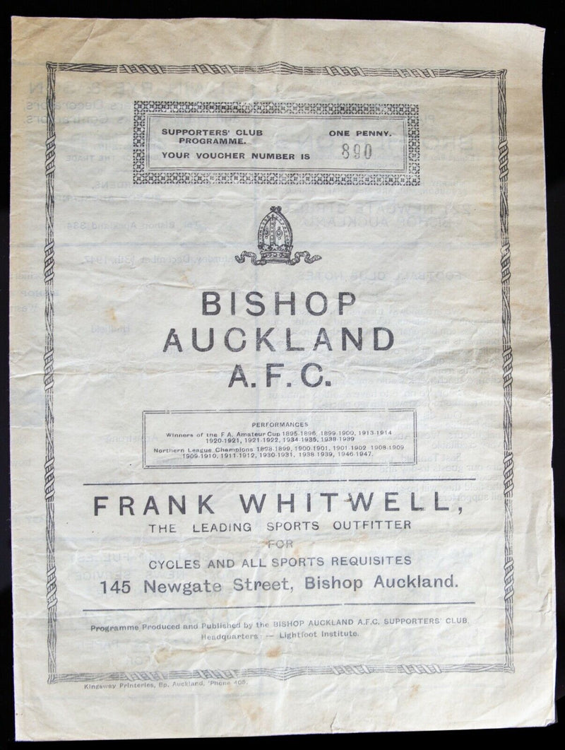 BISHOP AUCKLAND AFC v EAST TANFIELD 13/12/1947 NORTHERN LEAGUE FIXTURE PROGRAMME