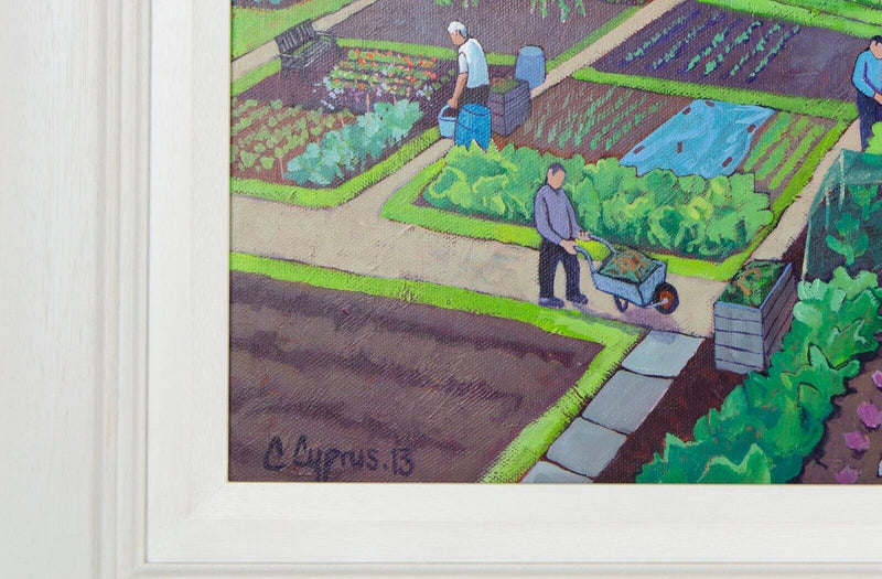 CHRIS CYPRUS 'ALLOTMENTS 2013' ST LEONARDS CHURCH SCENE ACRYLIC ON CANVAS SIGNED