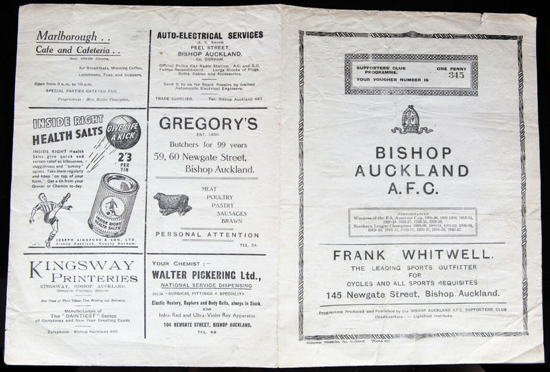 BISHOP AUCKLAND AFC v WEST AUCKLAND 29/8/1949 NORTHERN LEAGUE FOOTBALL PROGRAMME