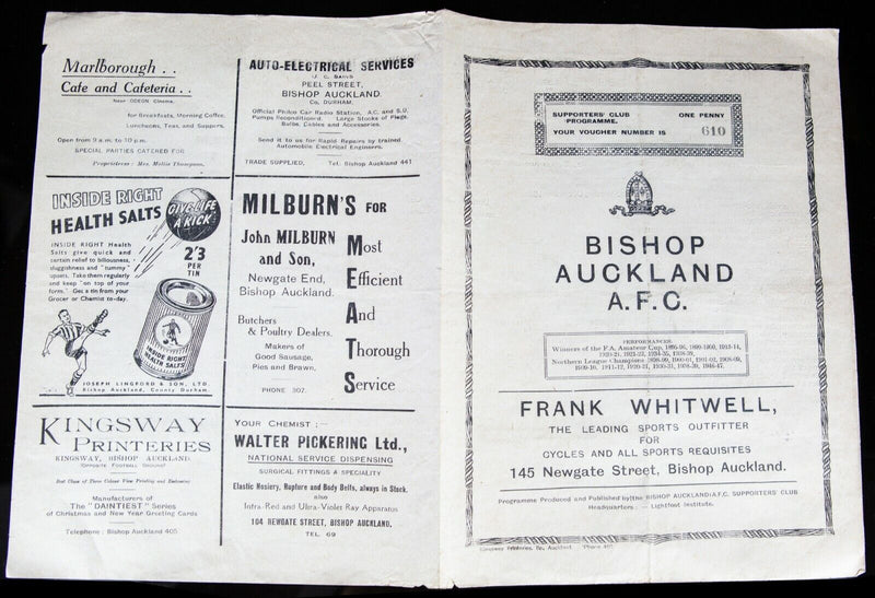 BISHOP AUCKLAND AFC v SOUTH HETTON CW, 18/12/1948 DURHAM CHALLENGE CUP PROGRAMME