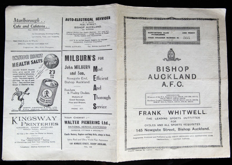 BISHOP AUCKLAND AFC v SOUTH BANK, 2/4/1949 NORTHERN LEAGUE FOOTBALL PROGRAMME