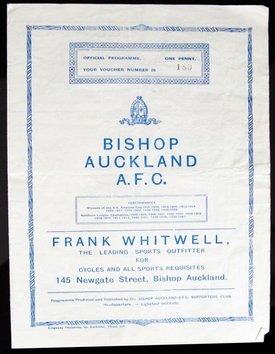 BISHOP AUCKLAND AFC v SOUTH BANK, 6/9/1947 NORTHERN LEAGUE FOOTBALL PROGRAMME