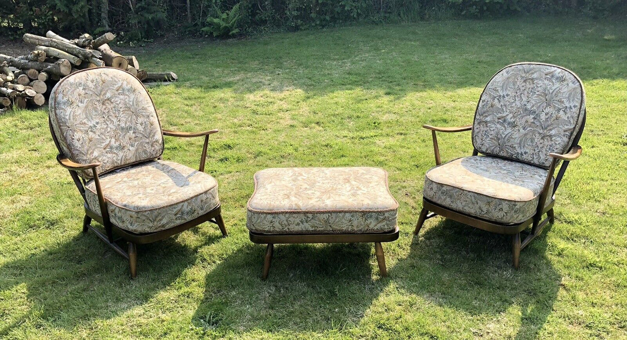MID-CENTURY RETRO ERCOL WINDSOR No.203 EASY LOUNGE ARM CHAIRS PAIR & FOOTSTOOL