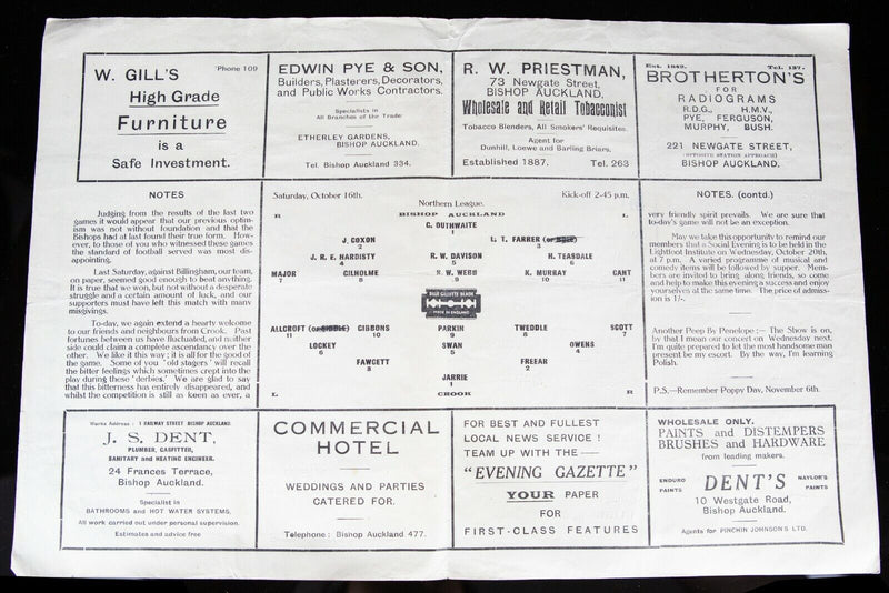 BISHOP AUCKLAND AFC v CROOK, 16/10/1948 NORTHERN LEAGUE FOOTBALL PROGRAMME