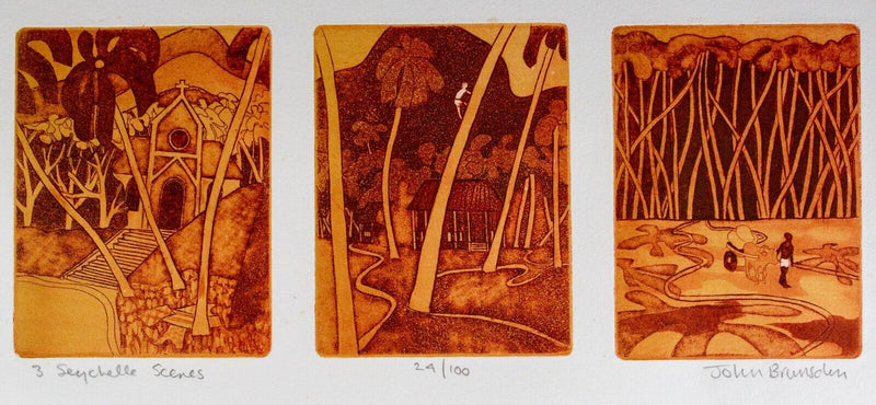 JOHN BRUNSDON 'THREE SEYCHELLES SCENES' LIMITED EDITION ETCHING PRINT, SIGNED