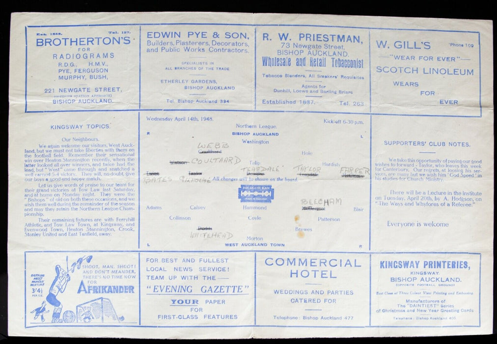 BISHOP AUCKLAND AFC v WEST AUCKLAND TOWN, 14/4/1948 NORTHERN LEAGUE PROGRAMME