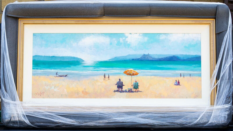 TIMMY MALLETT 'BEACH TO OURSELVES I' LARGE COASTAL STUDY, OIL ON BOARD