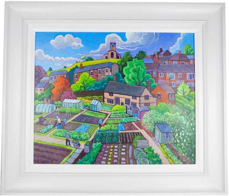 CHRIS CYPRUS 'ALLOTMENTS 2013' ST LEONARDS CHURCH SCENE ACRYLIC ON CANVAS SIGNED