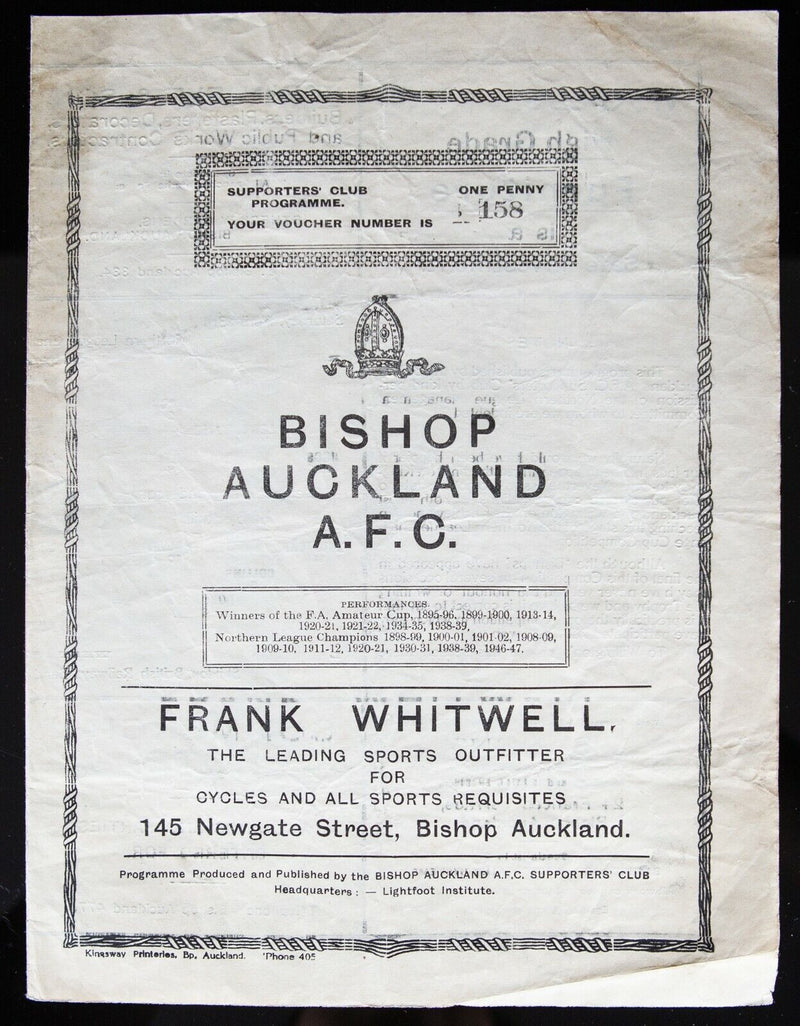 WILLINGTON v WEST AUCKLAND, 23/4/1949 BISHOP NORTHERN LEAGUE CUP FINAL PROGRAMME