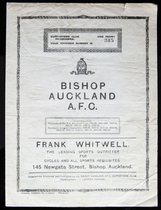 BISHOP AUCKLAND AFC v WEST AUCKLAND 29/8/1949 NORTHERN LEAGUE FOOTBALL PROGRAMME