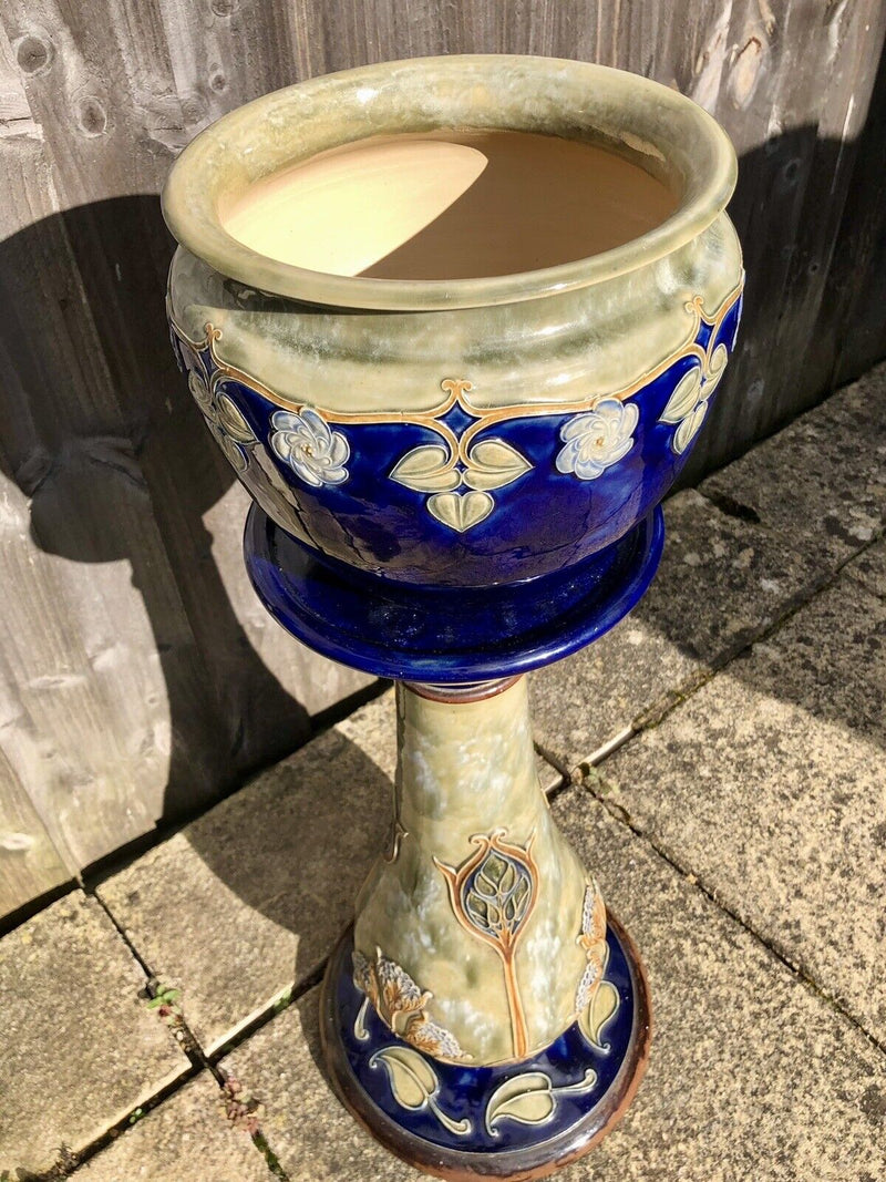 ROYAL DOULTON - LARGE EARTHENWARE FLORAL FLOWERS JARDINIERE PLANTER VASE & STAND