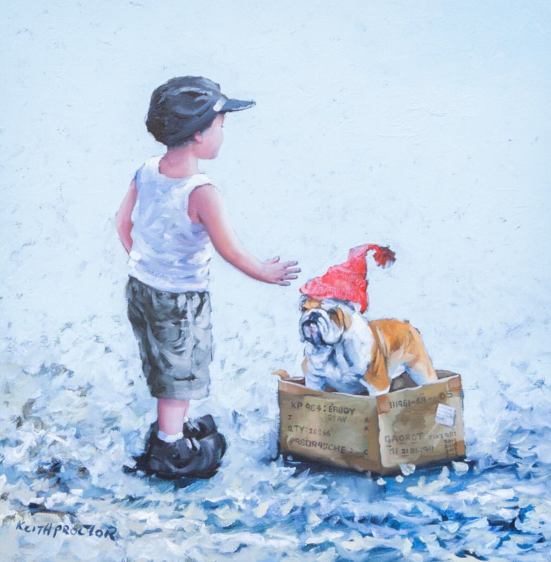 KEITH PROCTOR 'STAY!' BOY & ENGLISH BULLDOG, LARGE ORIGINAL OIL PAINTING, SIGNED