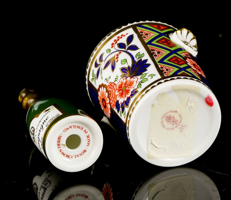 ROYAL CROWN DERBY - IMARI MINIATURE CHAMPAGNE BOTTLE & ICE BUCKET ORNAMENTS
