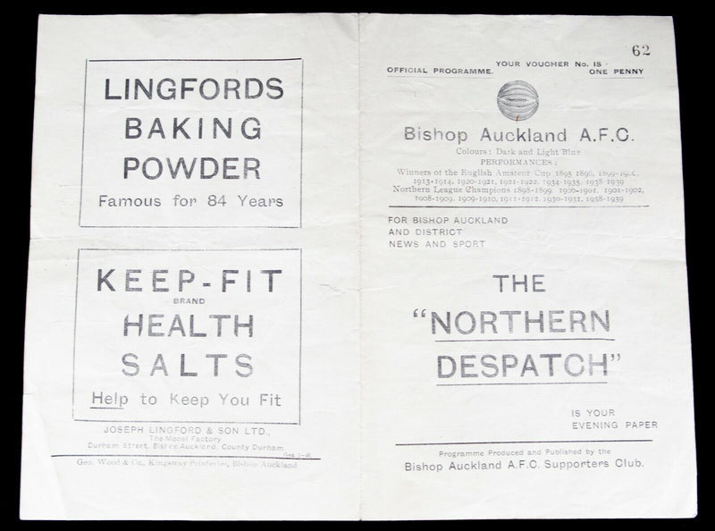 BISHOP AUCKLAND AFC v FERRYHILL ATHLETIC, 6/4/1946 DURHAM BOWL S/FINAL PROGRAMME