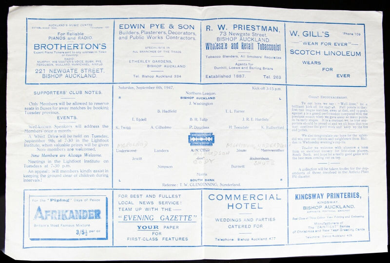 BISHOP AUCKLAND AFC v SOUTH BANK, 6/9/1947 NORTHERN LEAGUE FOOTBALL PROGRAMME
