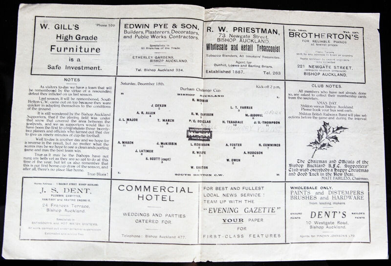 BISHOP AUCKLAND AFC v SOUTH HETTON CW, 18/12/1948 DURHAM CHALLENGE CUP PROGRAMME