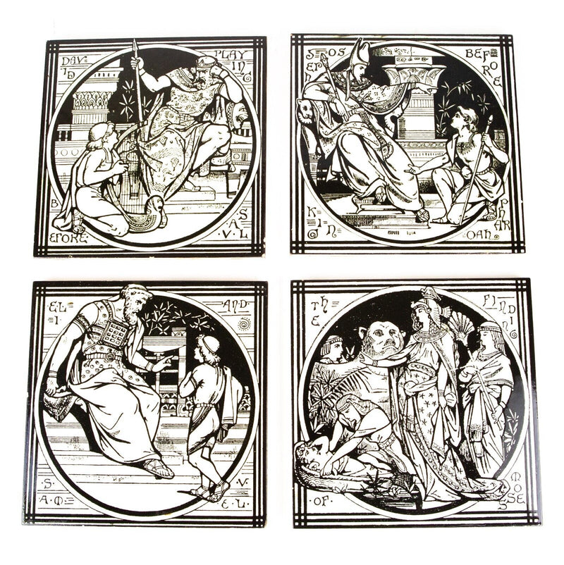 JOHN MOYR SMITH for MINTONS - SET OF 4 BIBLE BIBLICAL SCENE TILES, BLACK/WHITE