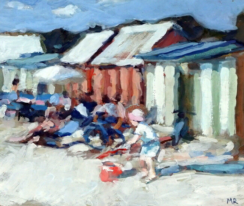 MARK ROWBOTHAM 'PLAYING BY THE BEACH HUTS' WATERCOLOUR & GOUACHE SIGNED