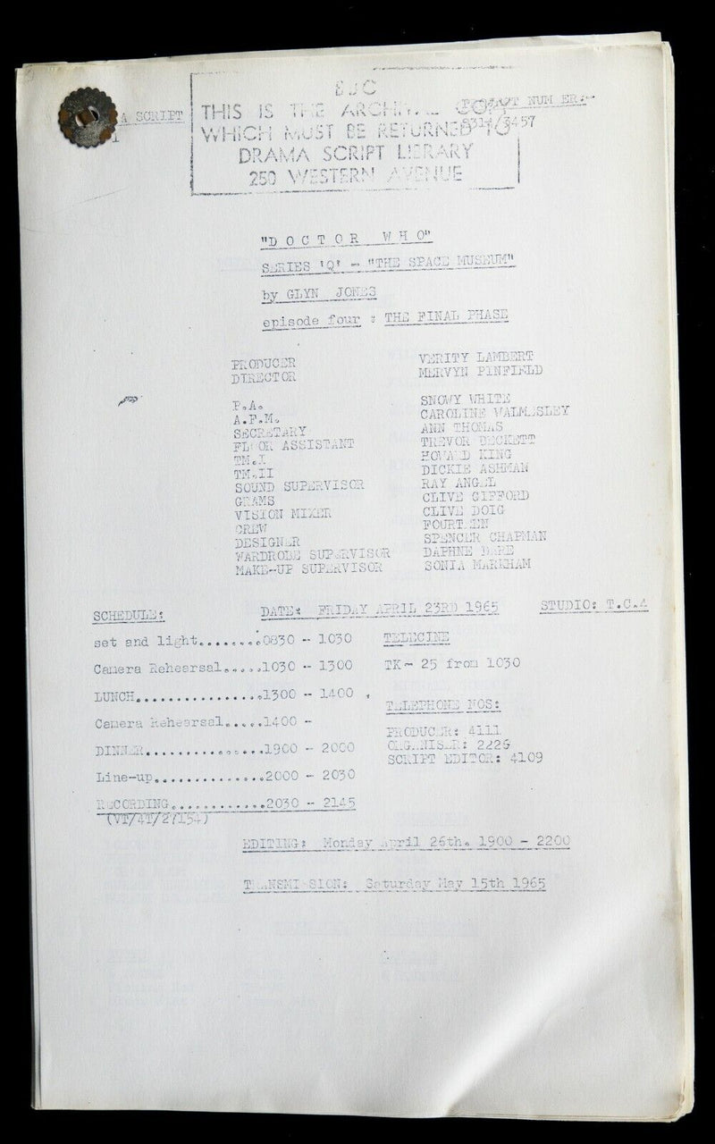 B.B.C DOCTOR WHO 'THE FINAL PHASE' 1965 SERIES Q EPISODE 4 SCRIPT BY GLYN JONES