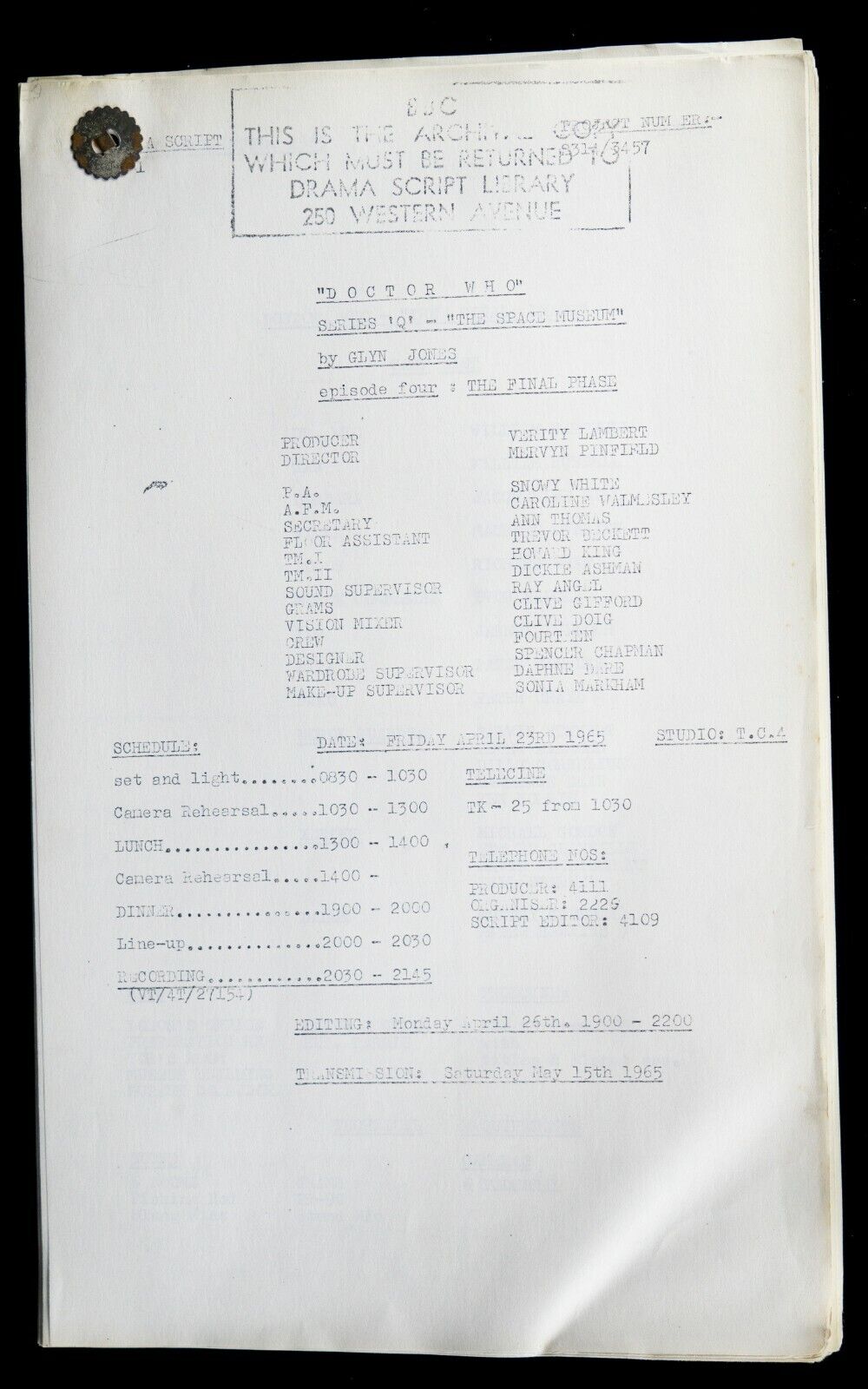 B.B.C Doctor Who 'The Final Phase' 1965 Series Q Episode 4 Script By ...