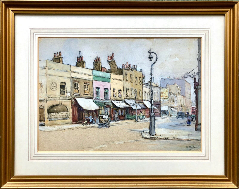 GERTRUDE KEELING, TOWN STREET VILLAGE SHOP SCENE STUDY, GOUACHE, SIGNED