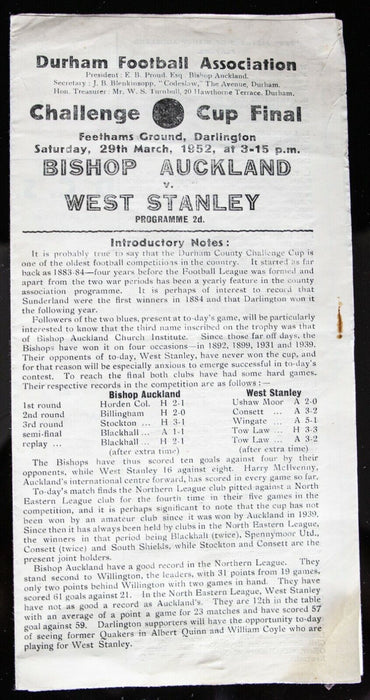 BISHOP AUCKLAND AFC v WEST STANLEY, 29/3/1952 DURHAM CH' CUP FINAL PROGRAMME