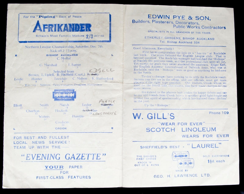 BISHOP AUCKLAND AFC v CROOK, 7/12/1946 NOTHERN LEAGUE CHAMP' FOOTBALL PROGRAMME