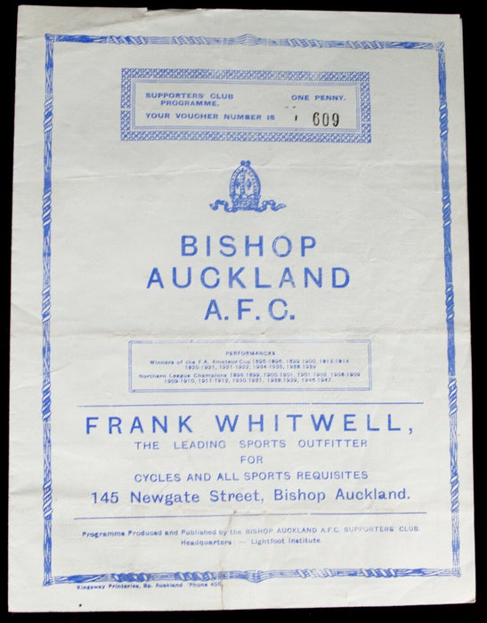 BISHOP AUCKLAND AFC v WILLINGTON, 5/4/1948 NORTHERN LEAGUE FOOTBALL PROGRAMME